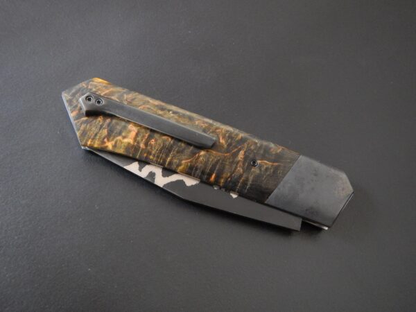 Couteau pliant à crant forcé, modèle Geometric go-maï nickel pure, mitres inox Création unique par Alban CAMPAGNOLA : coutelier forgeron, AC Coutelier, artisan d'art