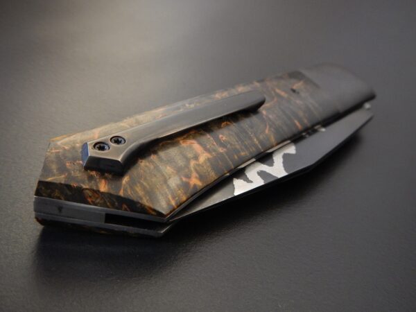 Couteau pliant à crant forcé, modèle Geometric go-maï nickel pure, mitres inox Création unique par Alban CAMPAGNOLA : coutelier forgeron, AC Coutelier, artisan d'art