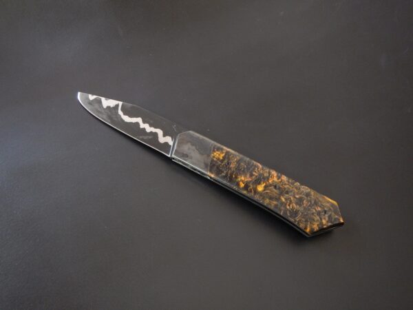 Couteau pliant à crant forcé, modèle Geometric go-maï nickel pure, mitres inox Création unique par Alban CAMPAGNOLA : coutelier forgeron, AC Coutelier, artisan d'art