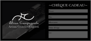 Chèque cadeau au montant libre. Idée de cadeau originale pour offire un bon d'achat pour un couteau ou une création en stock ou à commander sur mesure.