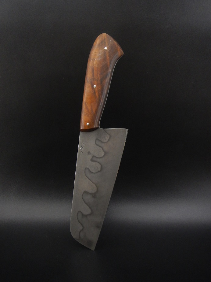 Couteau de cuisine nakiri de 17cm en acier au carbone et manche en chalef stabilisé. Création unique par Alban CAMPAGNOLA : coutelier forgeron, AC Coutelier, artisan d'art