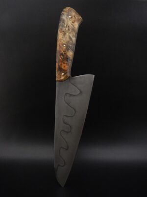 Couteau de cuisine éminceur type Chef 21cm en acier au carbone et manche en loupe de peuplier stabilisé. Création unique par Alban CAMPAGNOLA : coutelier forgeron, AC Coutelier, artisan d'art