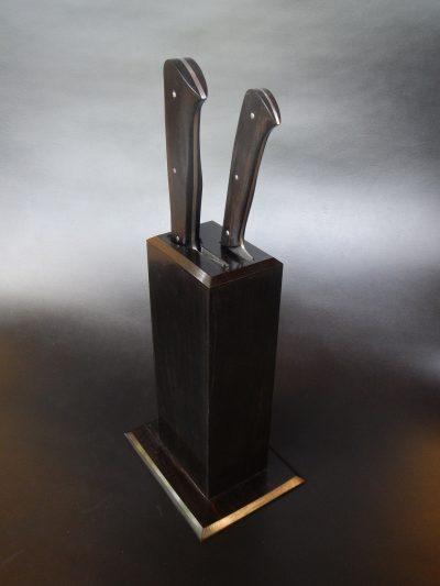 Ensemble de couteau de cuisine éminceur et office en ébène, avec le socle assorti Création unique par Alban CAMPAGNOLA : coutelier forgeron, AC Coutelier, artisan d'art